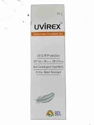 UVIREX Emulsion Sunscreen Gel, SPF 50+ PA+++, Non-Comedogenic, 8 Hrs Water Resistant, (50gm)