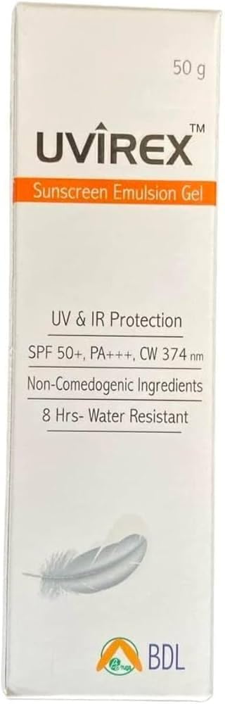 UVIREX Emulsion Sunscreen Gel, SPF 50+ PA+++, Non-Comedogenic, 8 Hrs Water Resistant, (50gm)