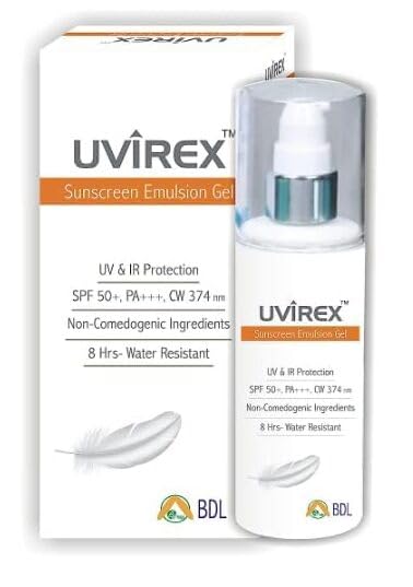 UVIREX Emulsion Sunscreen Gel, SPF 50+ PA+++, Non-Comedogenic, 8 Hrs Water Resistant, (50gm)