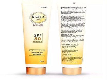 Rivela Lite Sunscreen Weightless Mousse Cream with SPF 50 PA++++ For Broad Spectrum, UVA & UVB Protection | For Men & Women | All Skin types | 60g (Pack of 2)