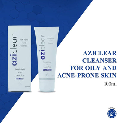 Aziclear Anti-Acne Facial Cleanser with Azelaic Acid, LHA, and Lactic acid for Oily and Acne-prone skin type, 100 ml